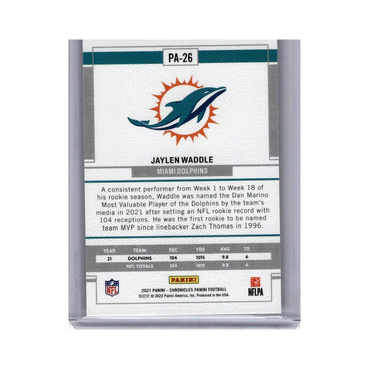 Jaylen Waddle Rookie 2021 Panini Chronicles #PA-26 Miami Dolphins NM