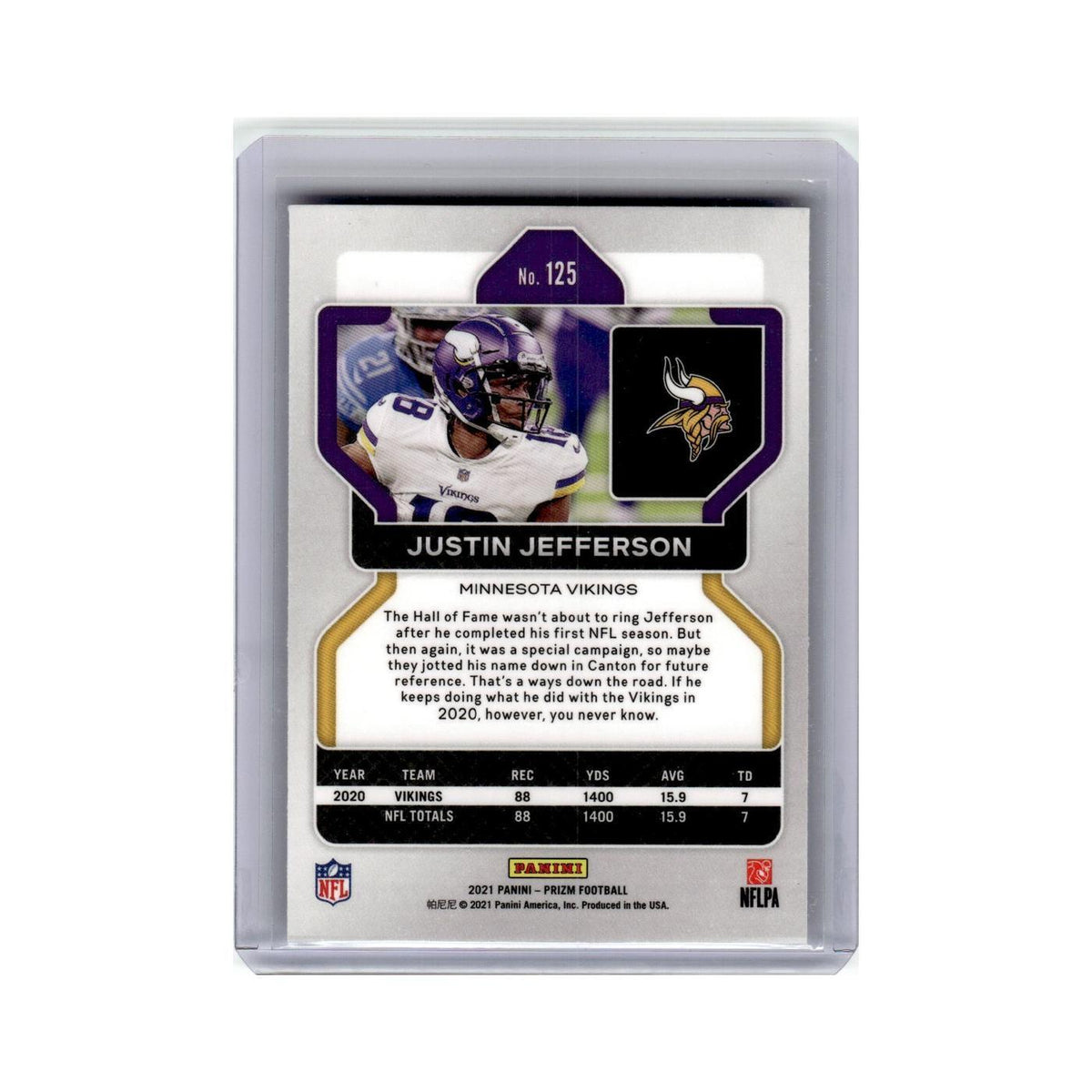 Justin Jefferson 2021 Panini Prizm #125 Minnesota Vikings Football Card NM