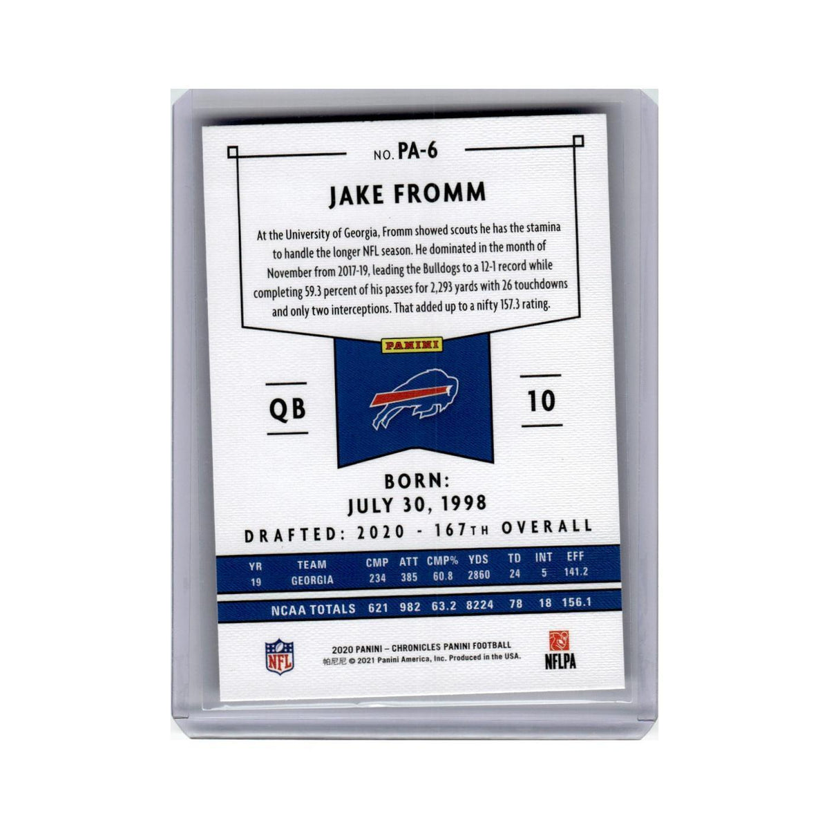 Jake Fromm Rookie 2020 Panini Chronicles #PA-6 Buffalo Bills Football Card NM