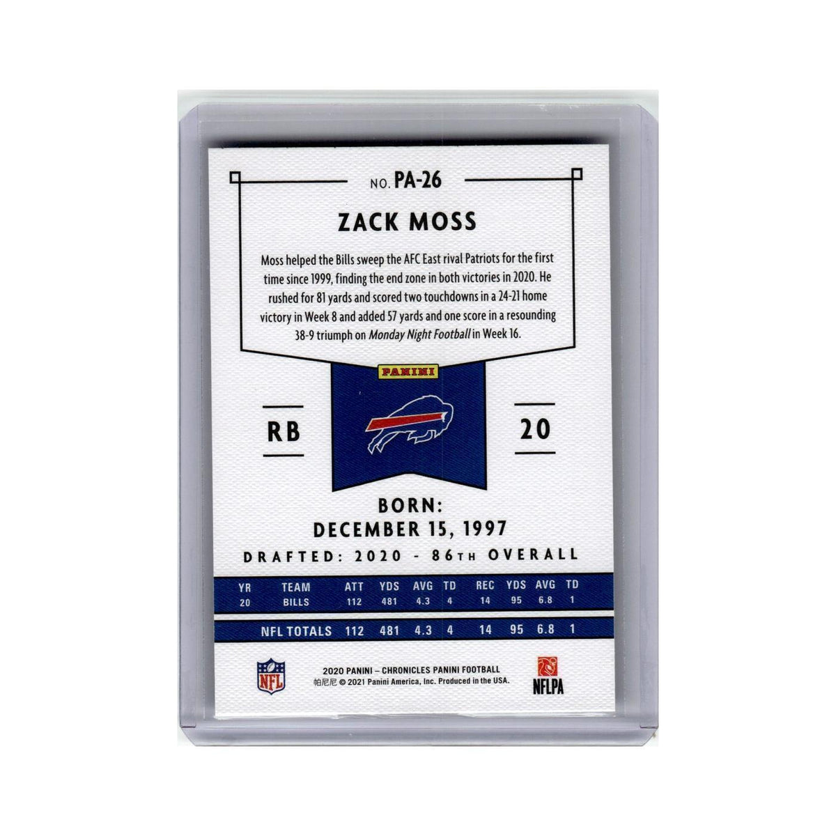 Zack Moss Rookie 2020 Panini Chronicles #PA-26 Buffalo Bills Football Card NM