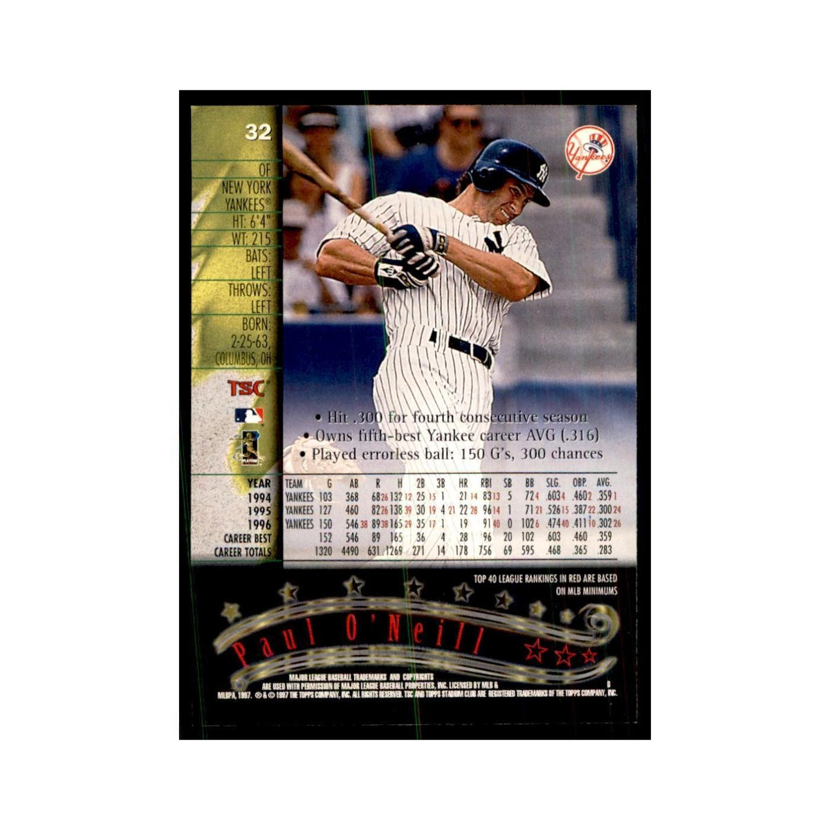 1997 Stadium Club Paul O'Neill Baseball Cards #32