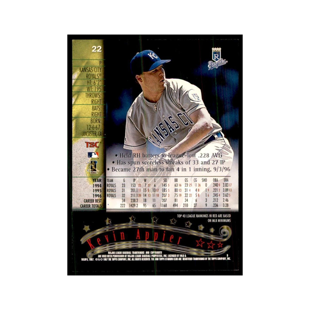 1997 Stadium Club Kevin Appier Baseball Cards #22