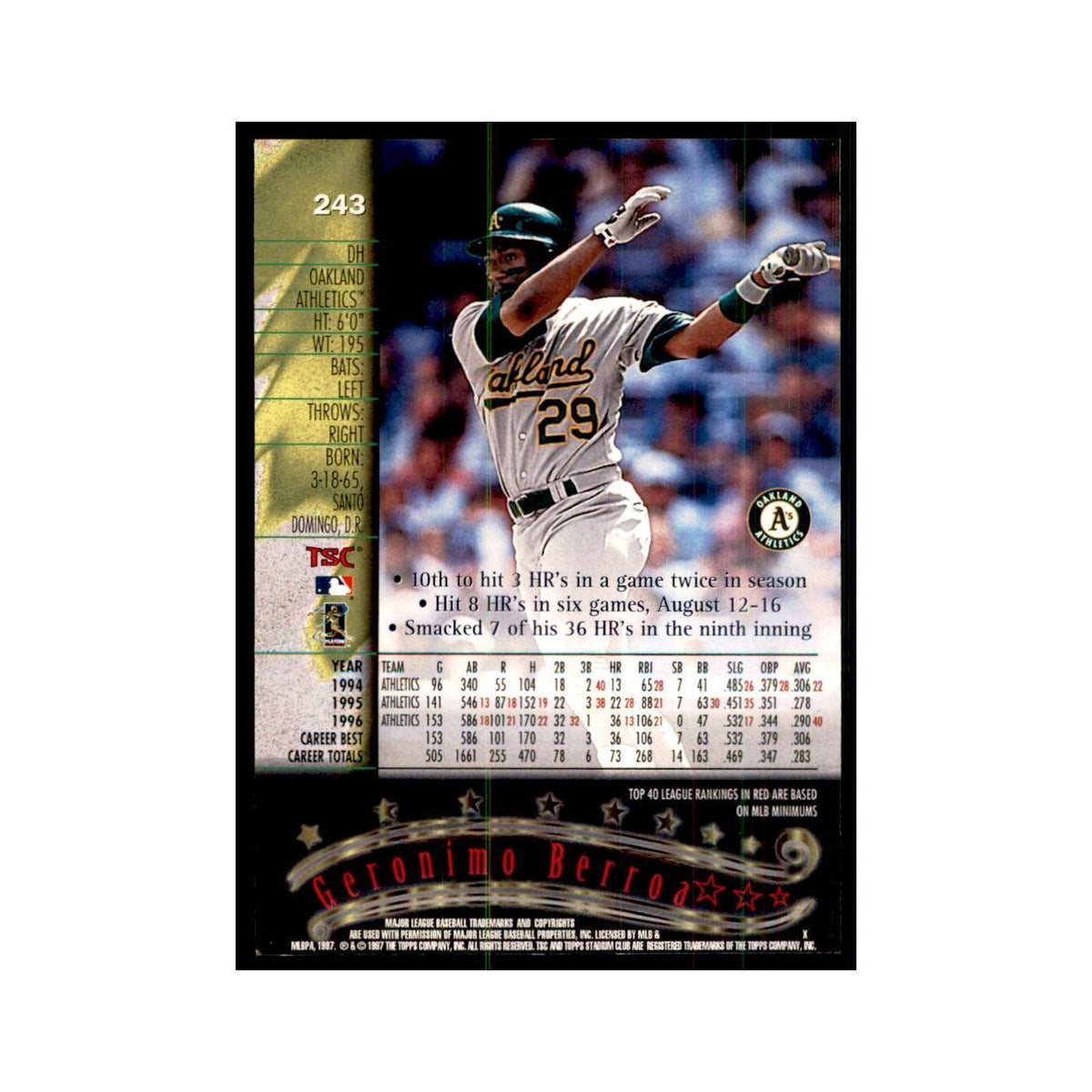 1997 Stadium Club Geronimo Berroa Baseball Cards #243