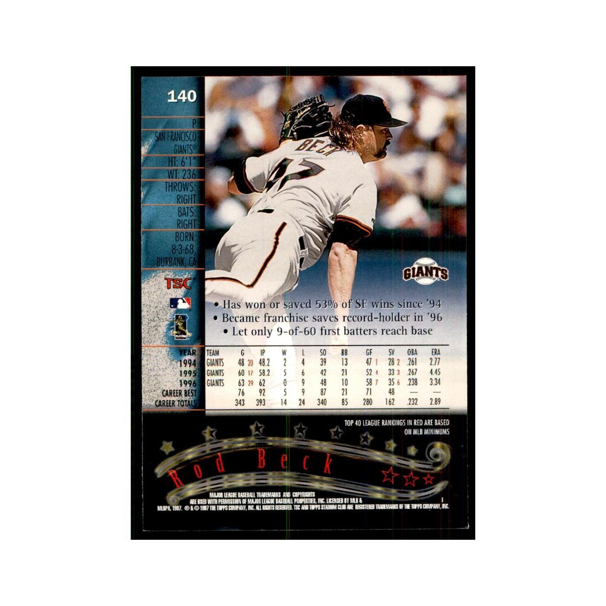 1997 Stadium Club Rod Beck Baseball Cards #140
