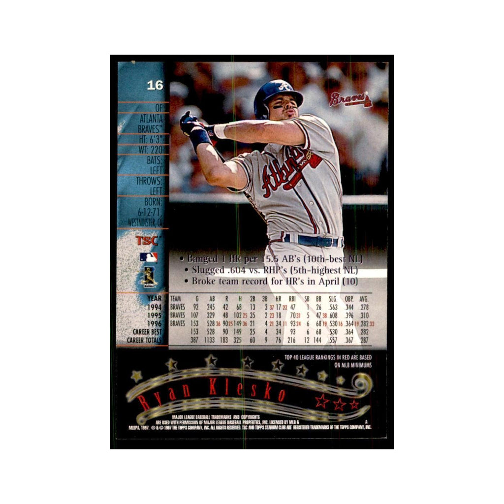 1997 Stadium Club Ryan Klesko Baseball Cards #16
