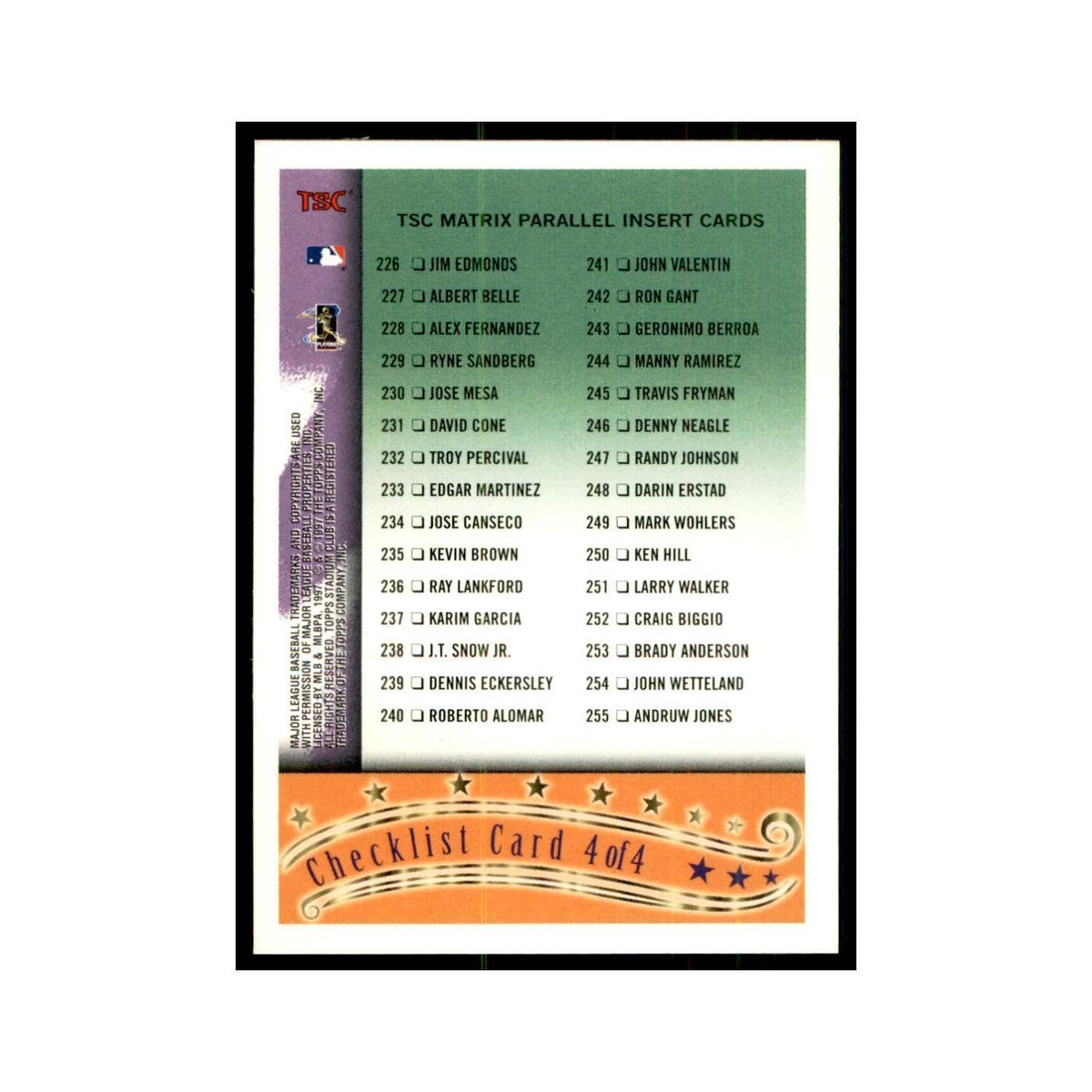 1997 Stadium Club Checklist Baseball Cards #4 OF 4