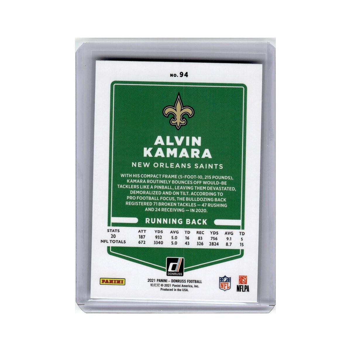 Alvin Kamara 2021 Donruss #94 New Orleans Saints Football Card NM