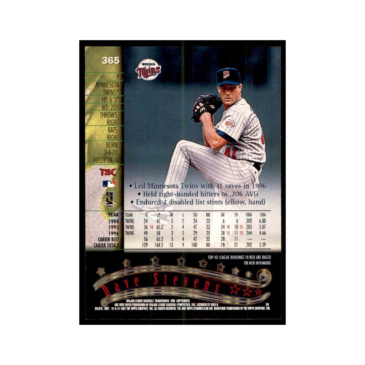 1997 Stadium Club Dave Stevens Baseball Cards #365