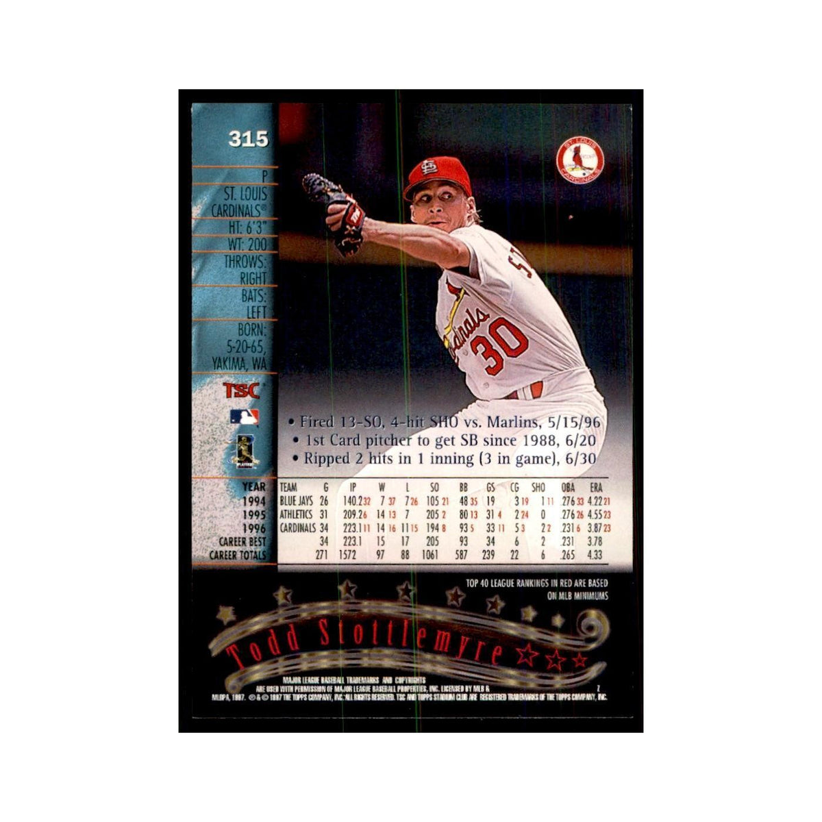 1997 Stadium Club Todd Stottlemyre Baseball Cards #315