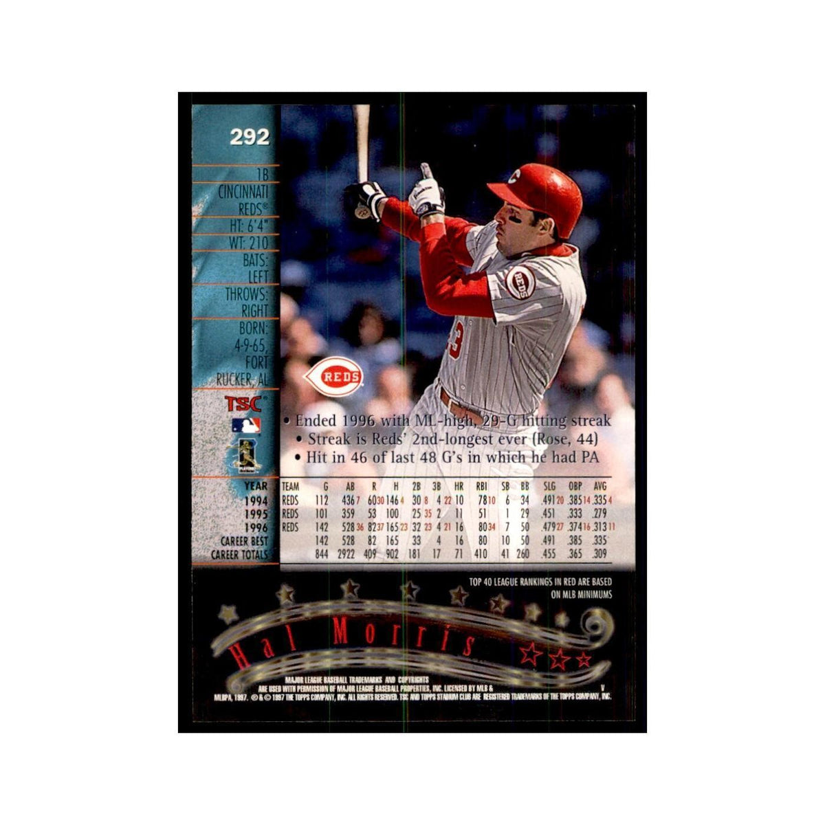 1997 Stadium Club Hal Morris Baseball Cards #292