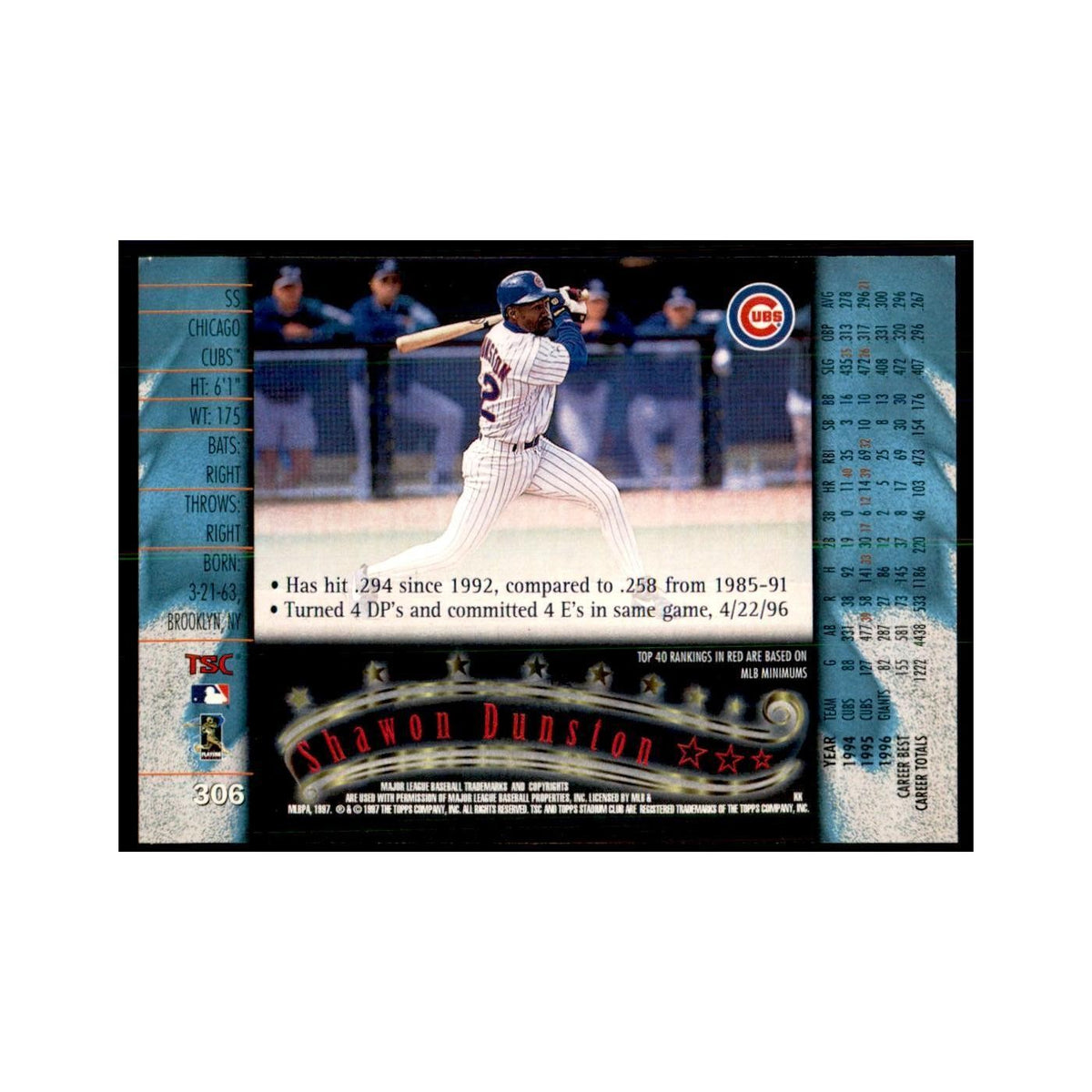 1997 Stadium Club Shawon Dunston Baseball Cards #306