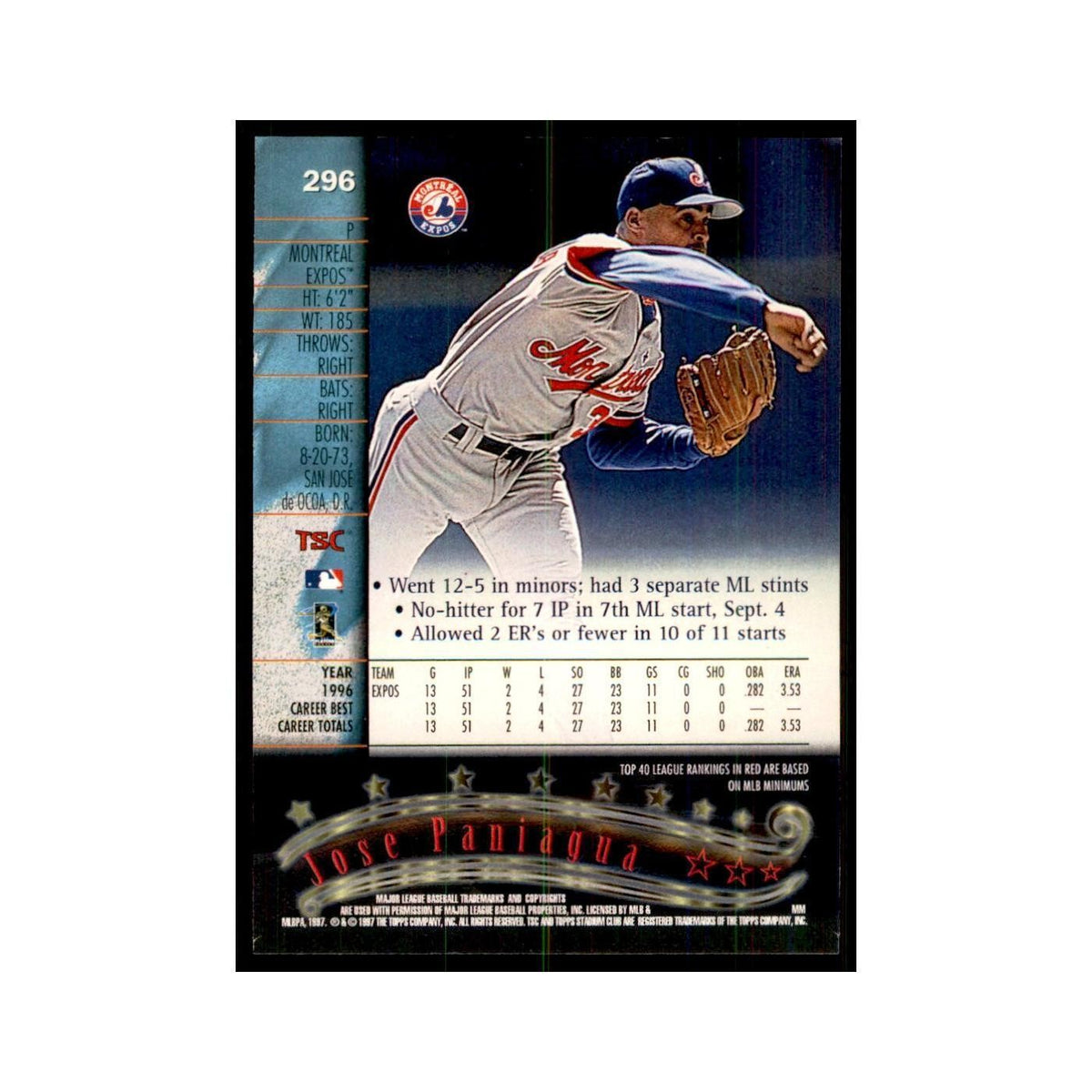 1997 Stadium Club Jose Paniagua Baseball Cards #296