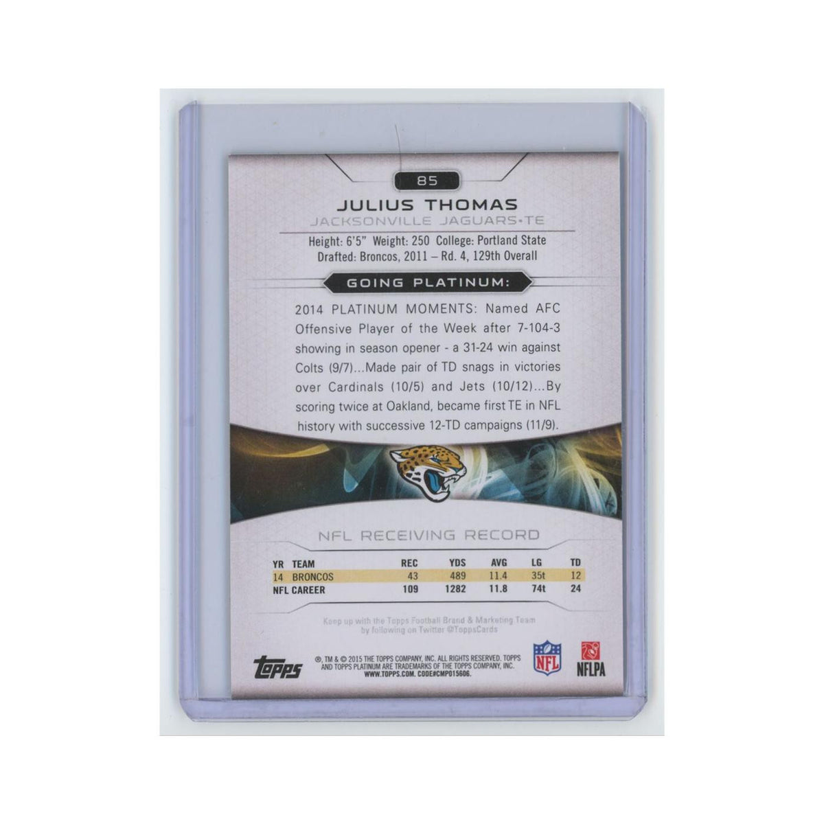 Julius Thomas 2015 Topps Platinum #85 Jacksonville Jaguars Football Card NM