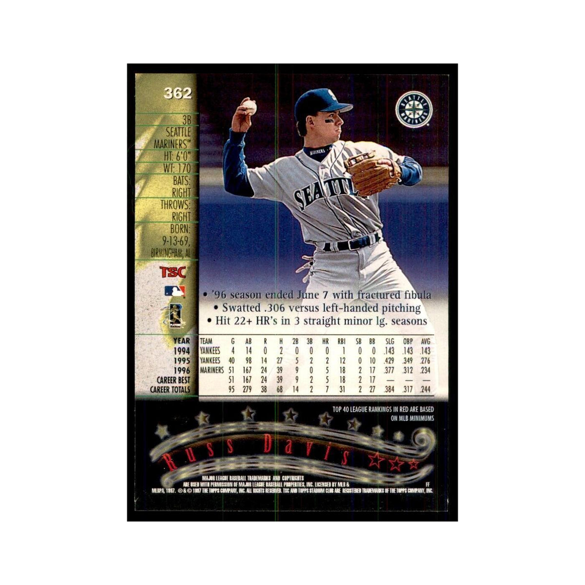 1997 Stadium Club Russ Davis Baseball Cards #362