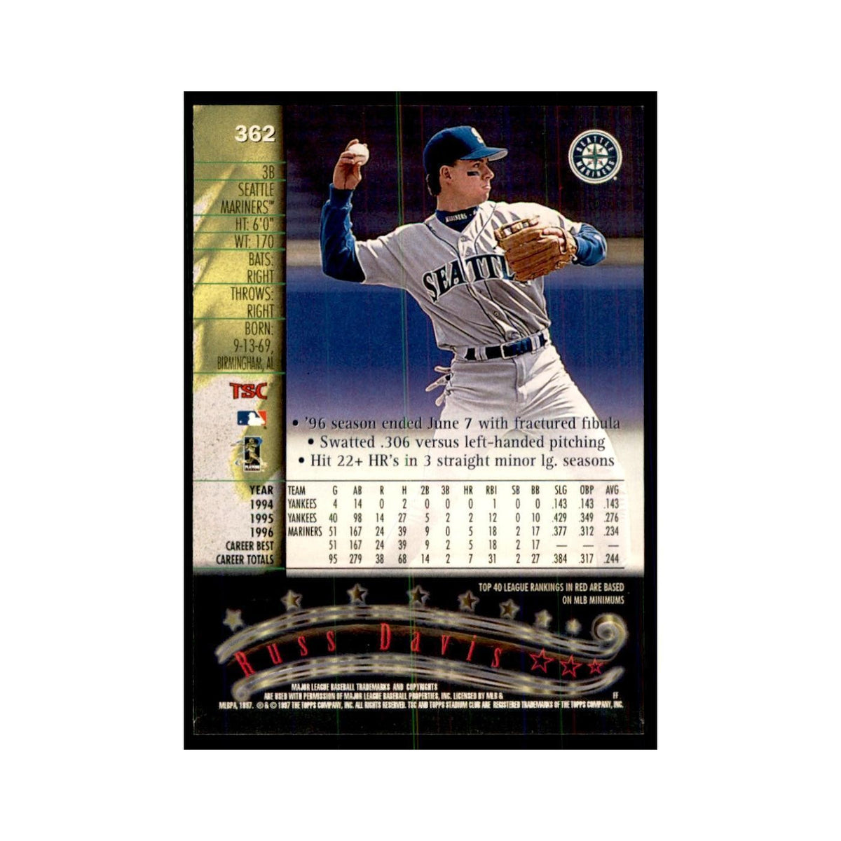 1997 Stadium Club Russ Davis Baseball Cards #362