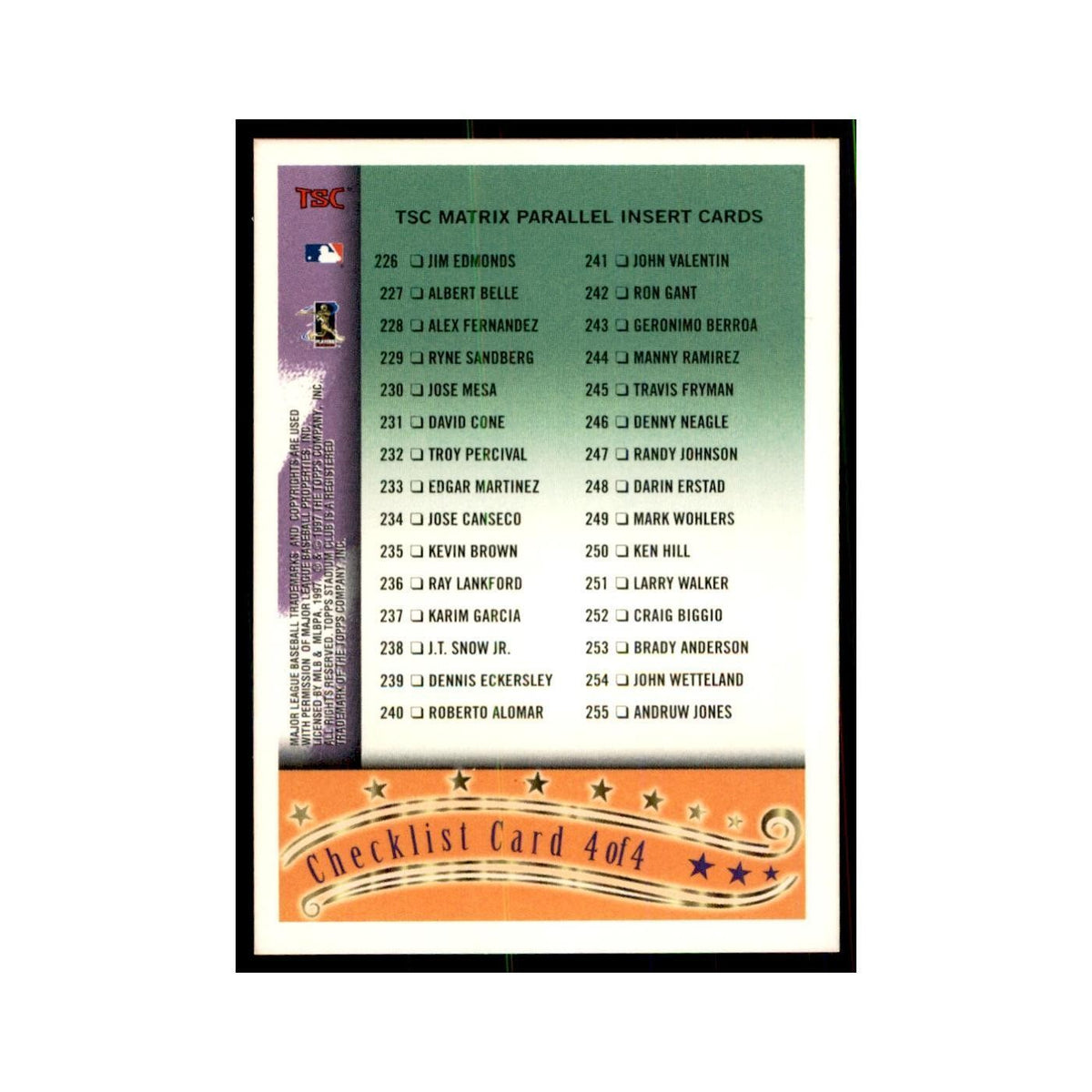 1997 Stadium Club Checklist Baseball Cards #4 OF 4