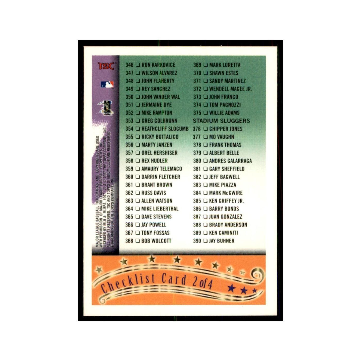 1997 Stadium Club Checklist Baseball Cards #2 OF 4
