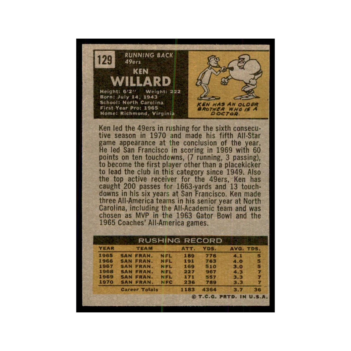 1971 Topps Ken Willard Football Cards #129