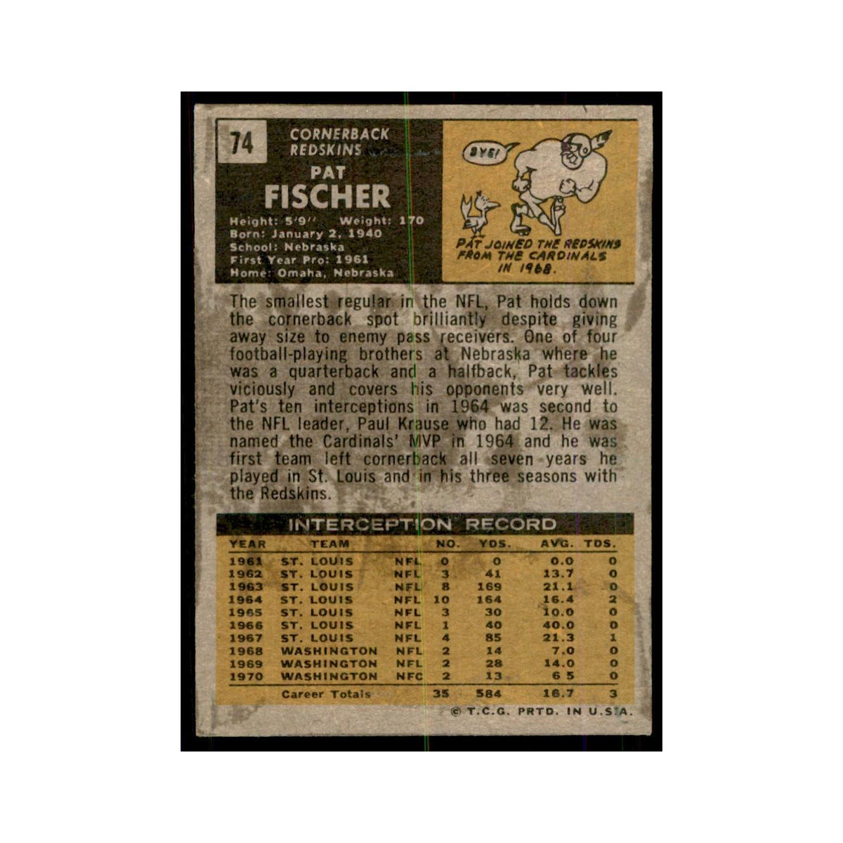 1971 Topps Pat Fischer Football Cards #74