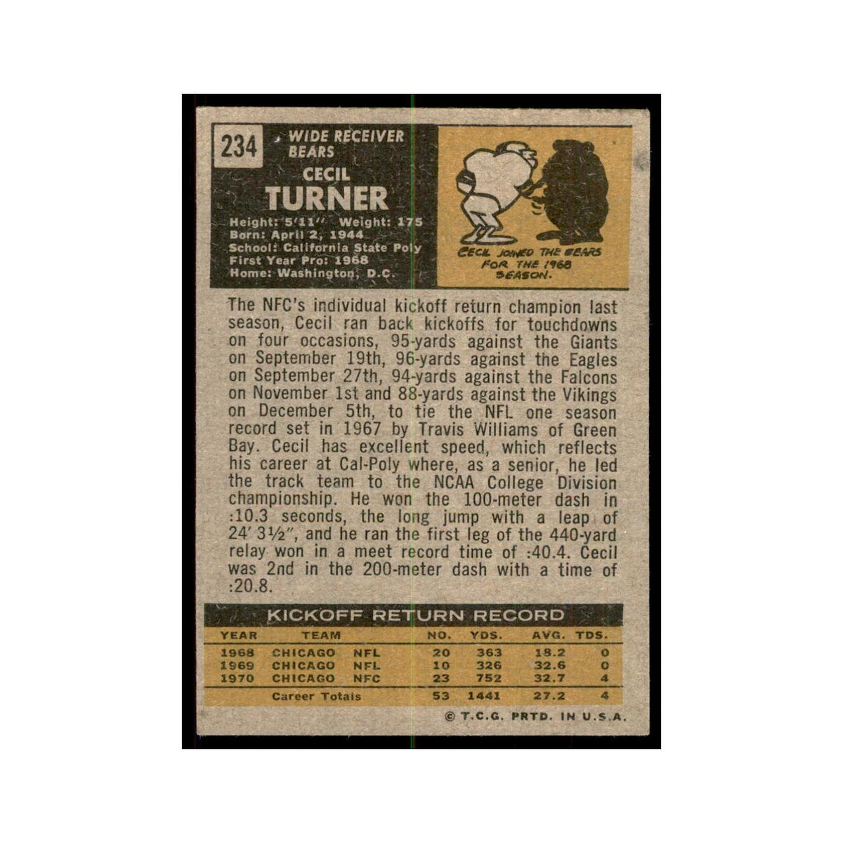 1971 Topps Cecil Turner Football Cards #234