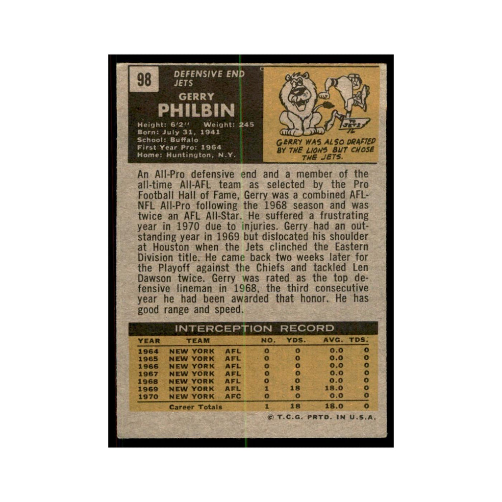 1971 Topps Gerry Philbin Football Cards #98