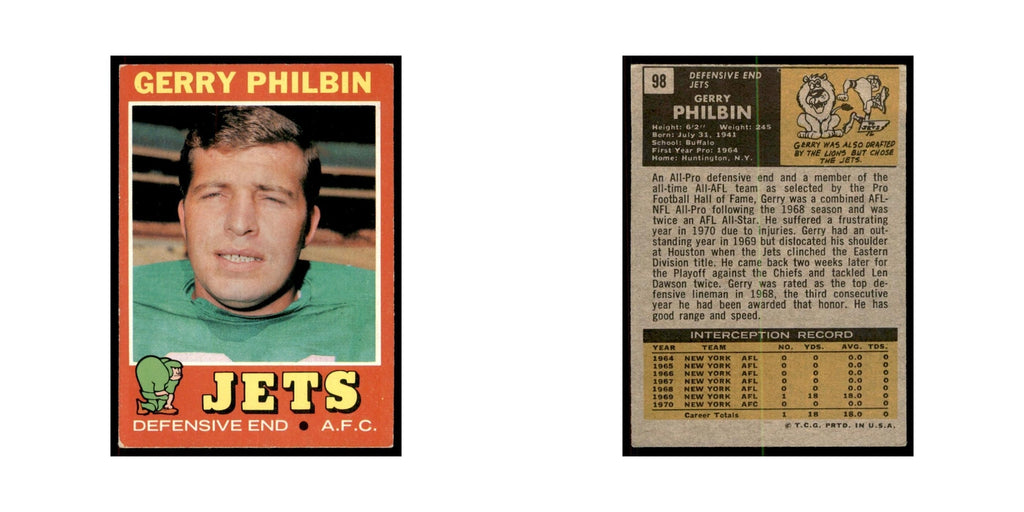 1971 Topps Gerry Philbin Football Cards #98