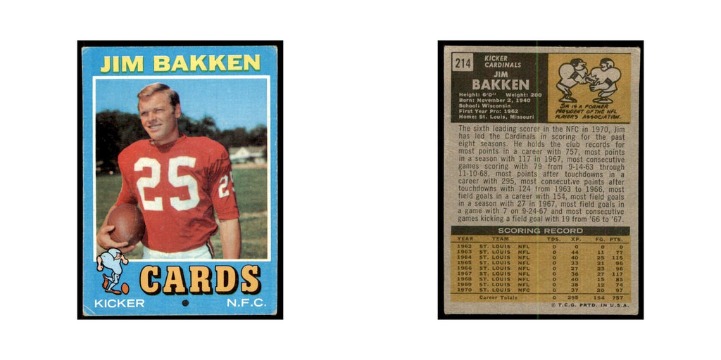 1971 Topps Jim Bakken Football Cards #214