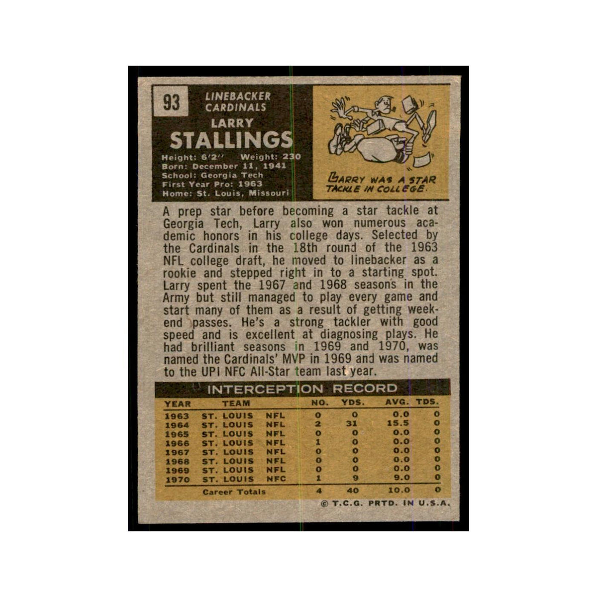 1971 Topps Larry Stallings Football Cards #93