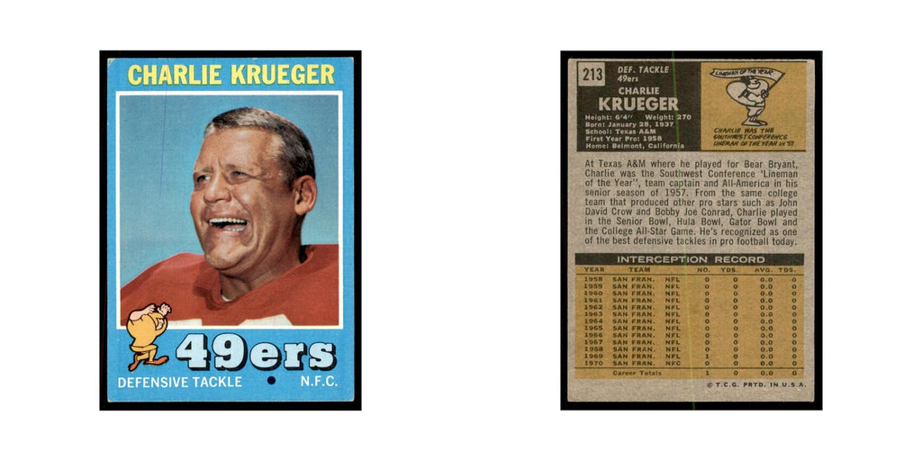 1971 Topps Charlie Krueger Football Cards #213