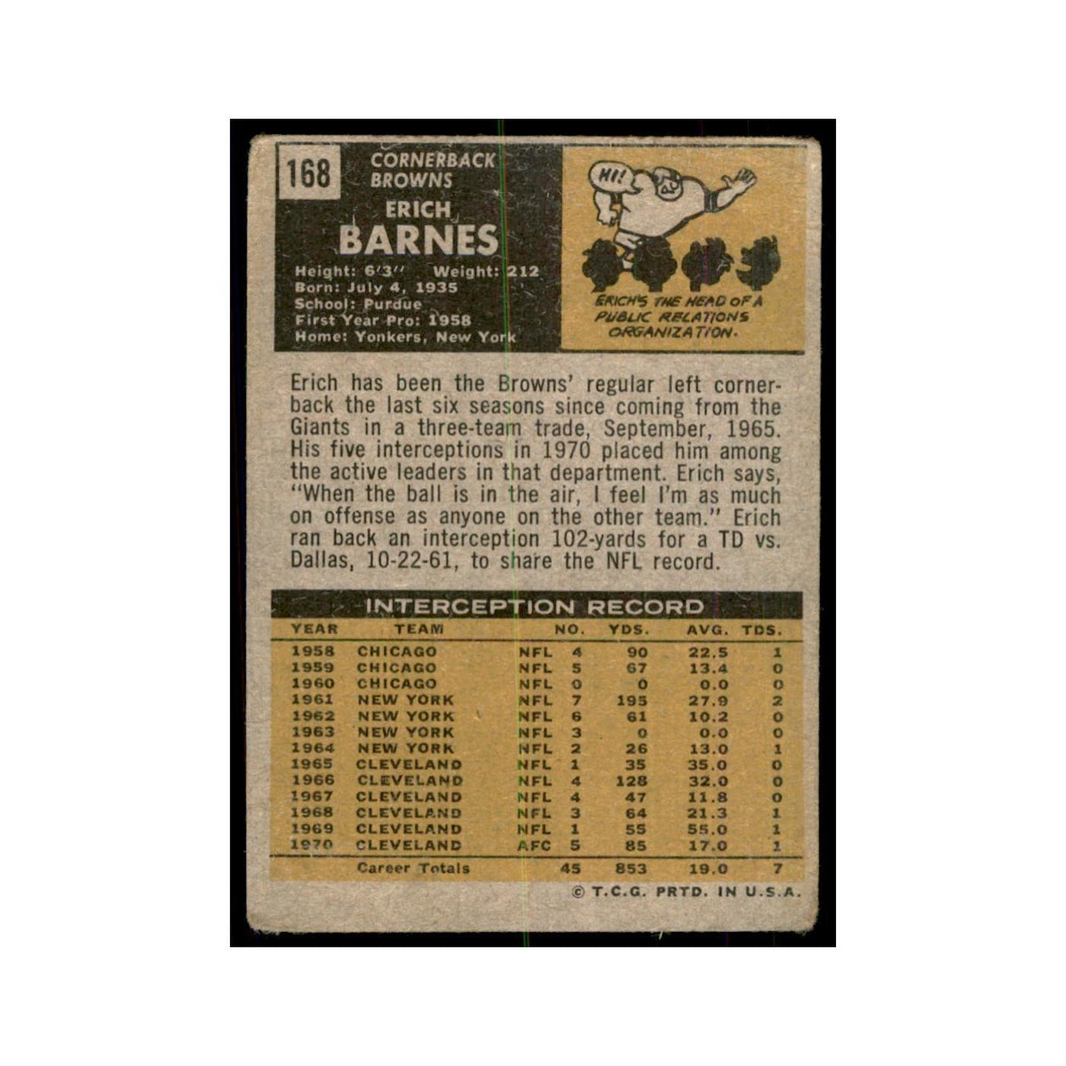 1971 Topps Erich Barnes Football Cards #168