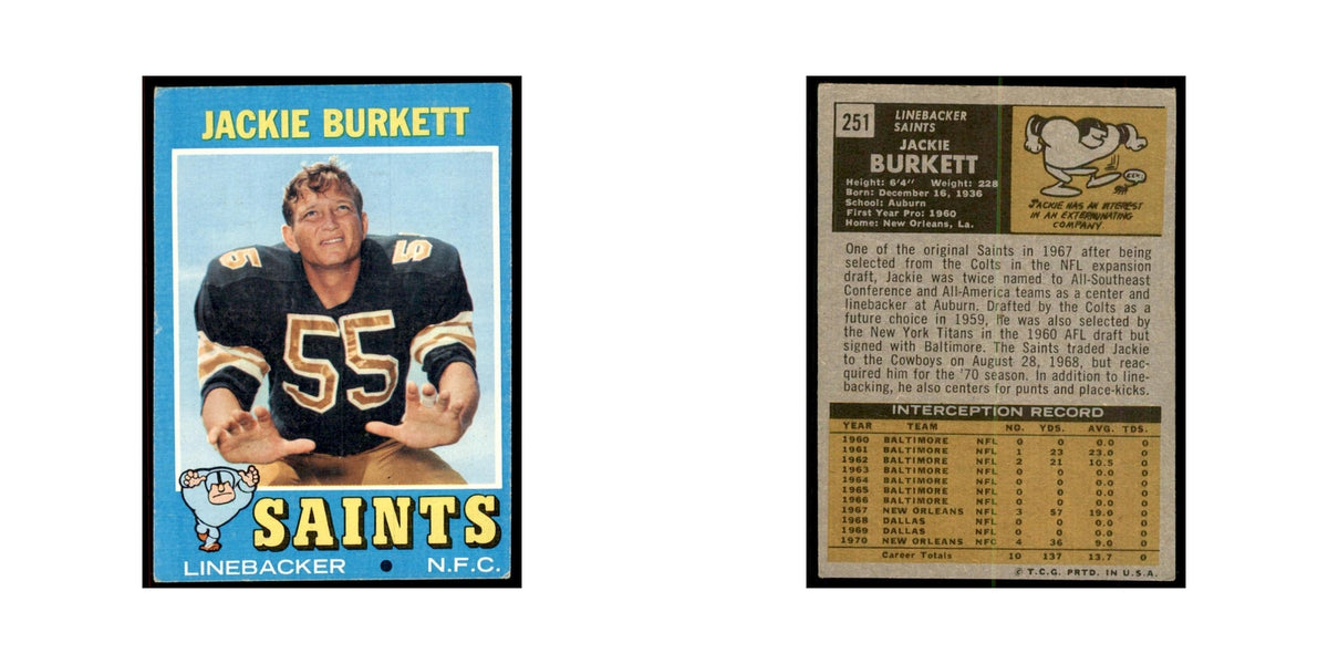 1971 Topps Jackie Burkett Football Cards #251
