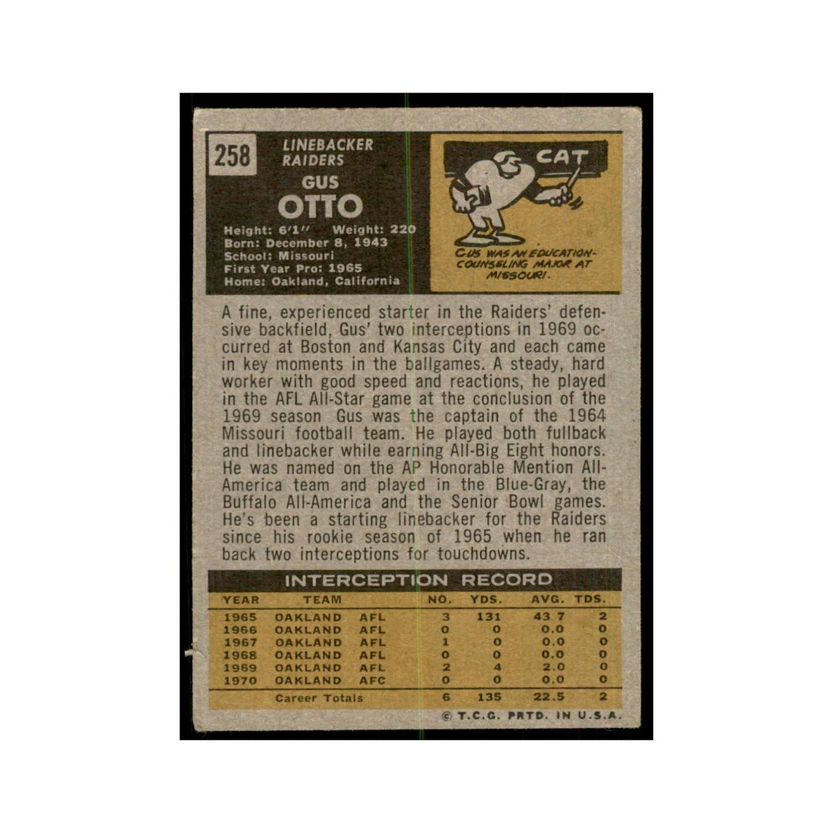 1971 Topps Gus Otto Football Cards #258