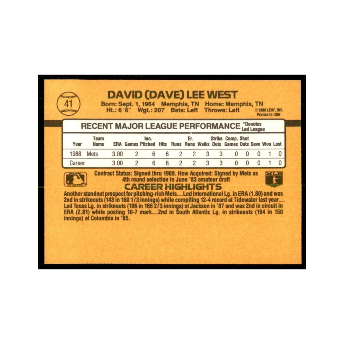 1989 Donruss Dave West Baseball Cards #41