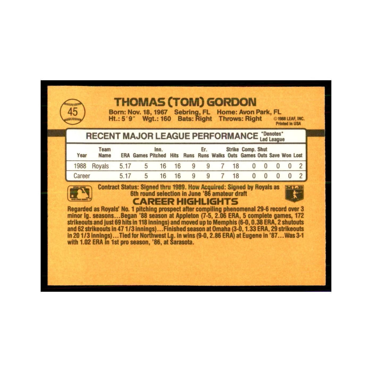 1989 Donruss Tom Gordon Baseball Cards #45