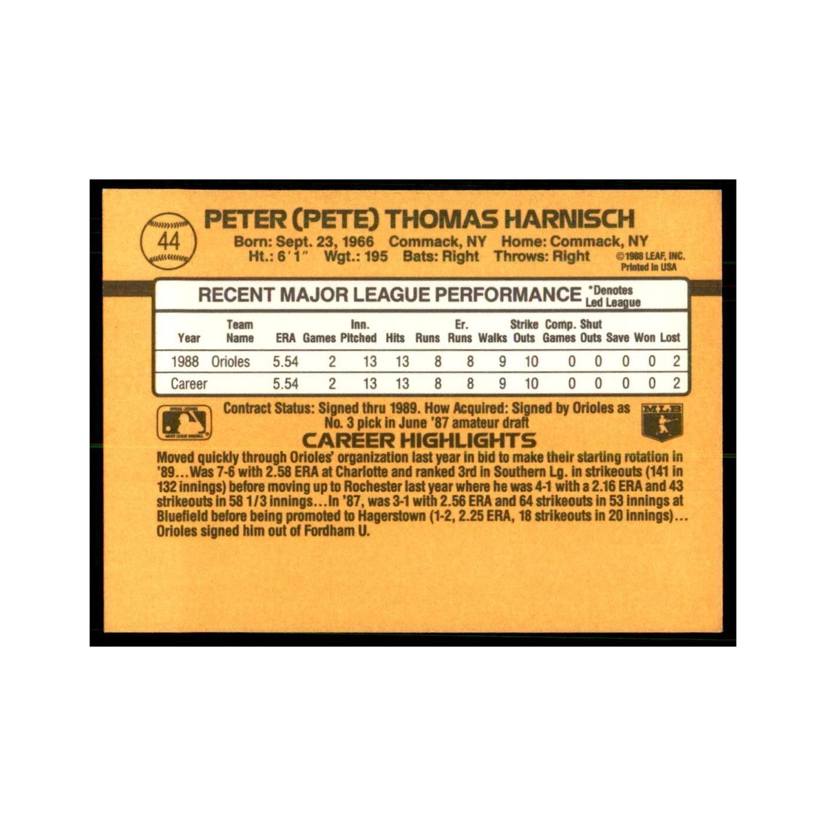 1989 Donruss Pete Harnisch Baseball Cards #44