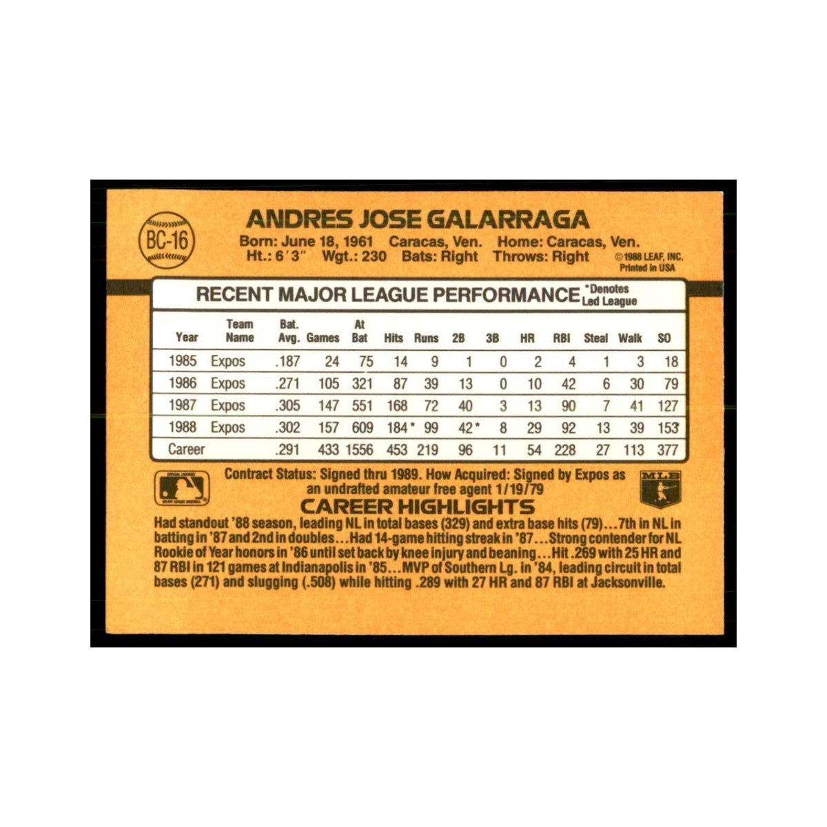 1989 Donruss Andres Galarraga Baseball Cards #BC-16