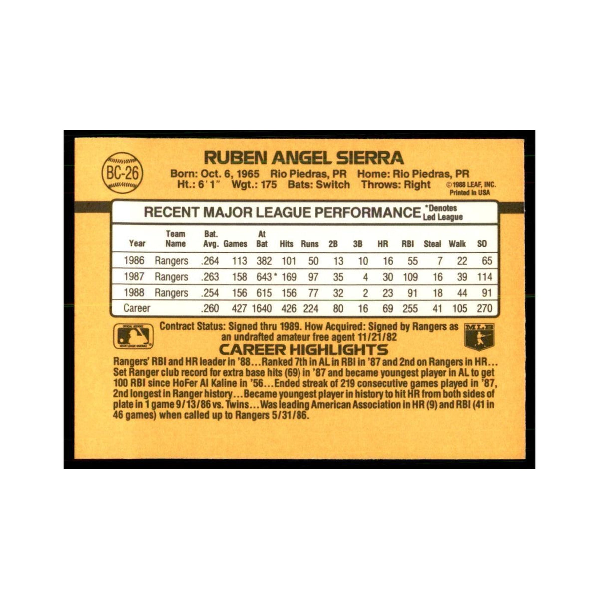 1989 Donruss Ruben Sierra Baseball Cards #BC-26