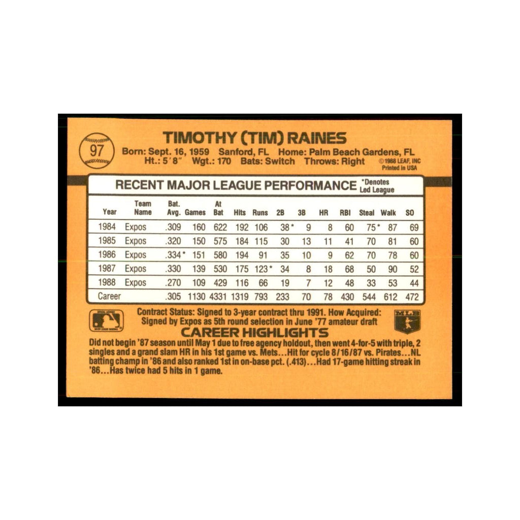 1989 Donruss Tim Raines Baseball Cards #97