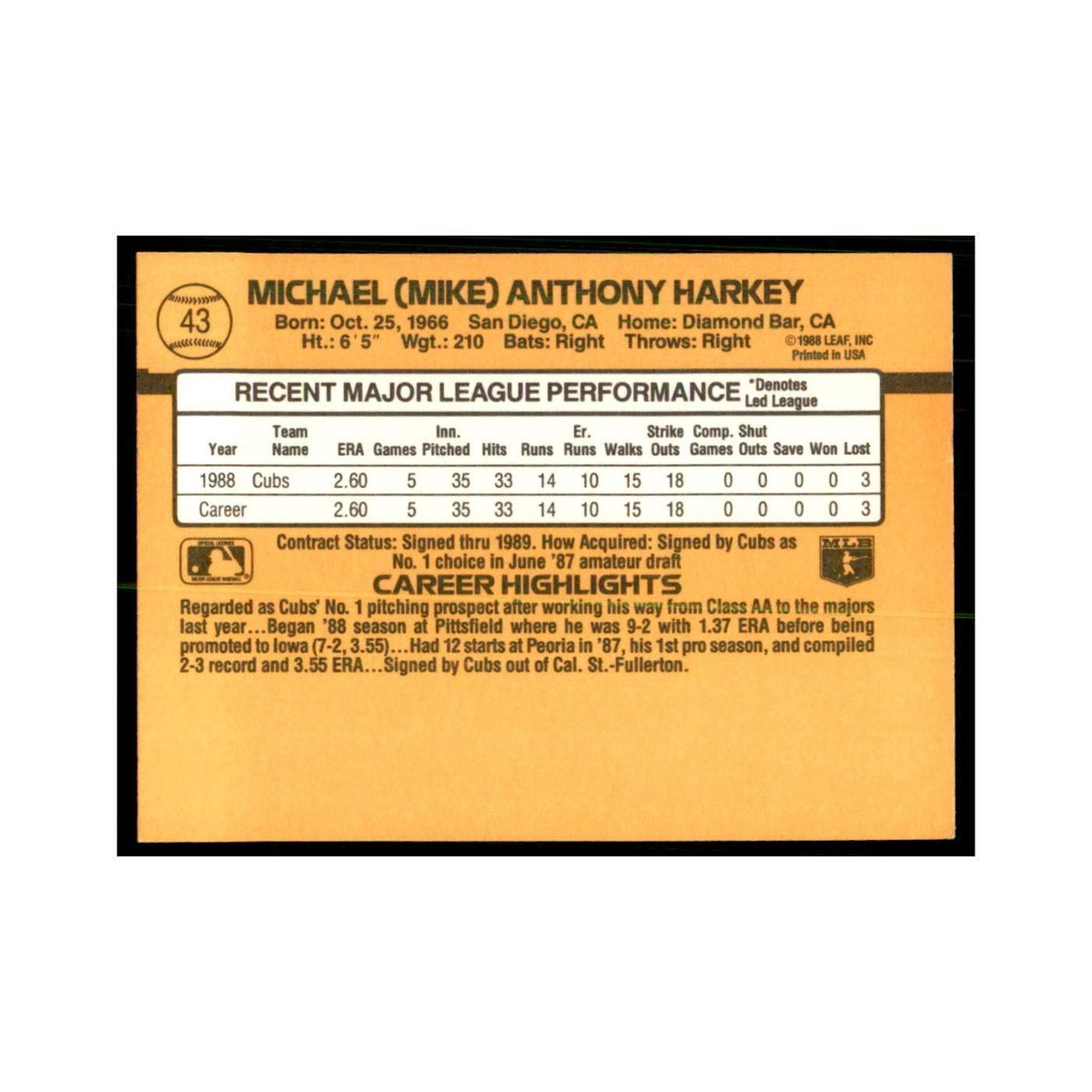 1989 Donruss Mike Harkey Baseball Cards #43