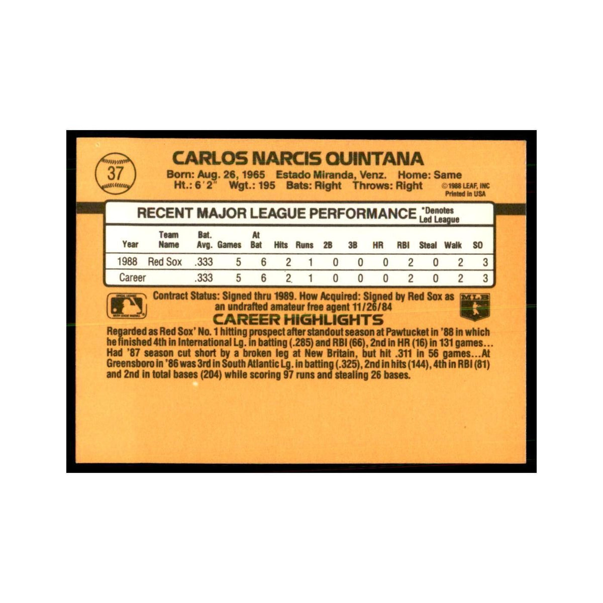 1989 Donruss Carlos Quintana Baseball Cards #37