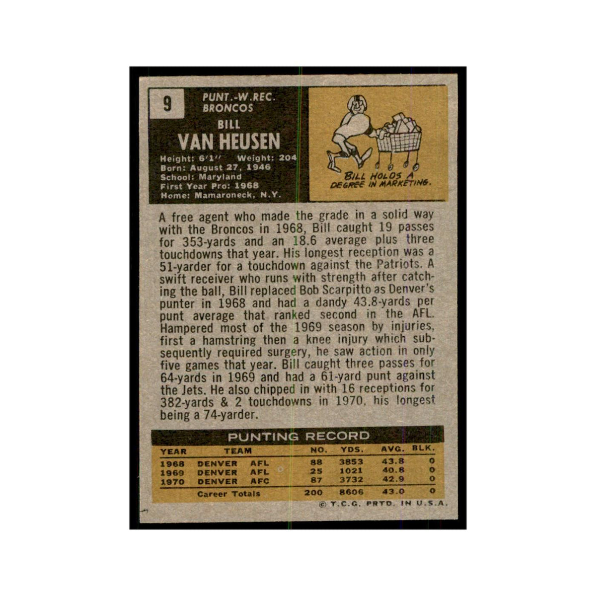 1971 Topps Bill Van Heusen Football Cards #9