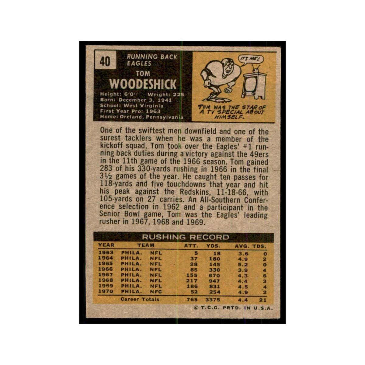 1971 Topps Tom Woodeshick Football Cards #40