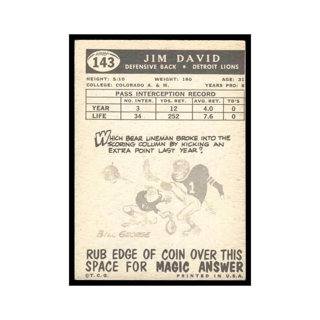 Jim David 1959 Topps #143 Detroit Lions Football Card EX