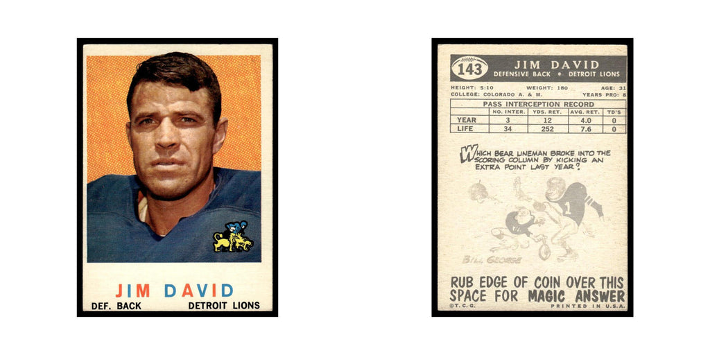 Jim David 1959 Topps #143 Detroit Lions Football Card EX
