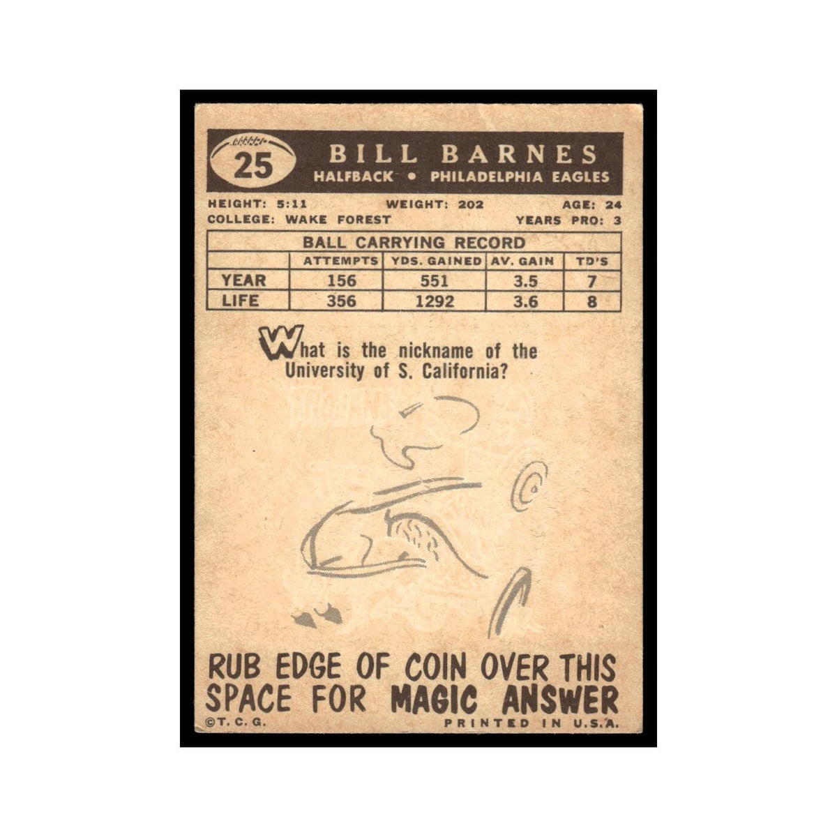 Bill Barnes 1959 Topps #25 Philadelphia Eagles Football Card EX