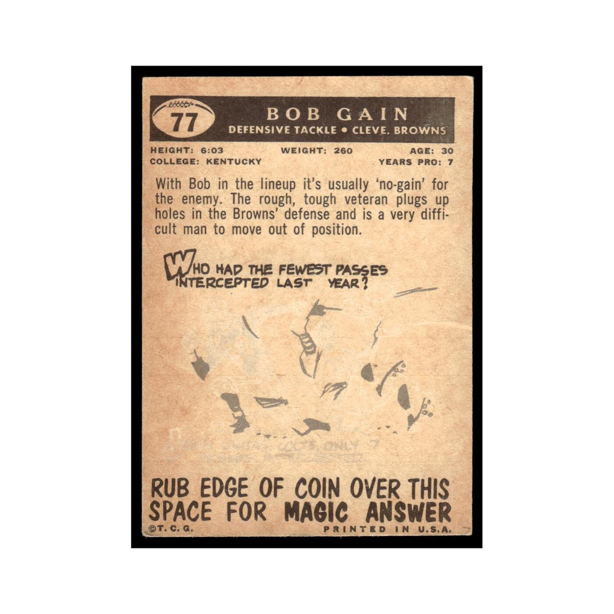 Bob Gain Rookie 1959 Topps #77 Cleveland Browns Football Card EX