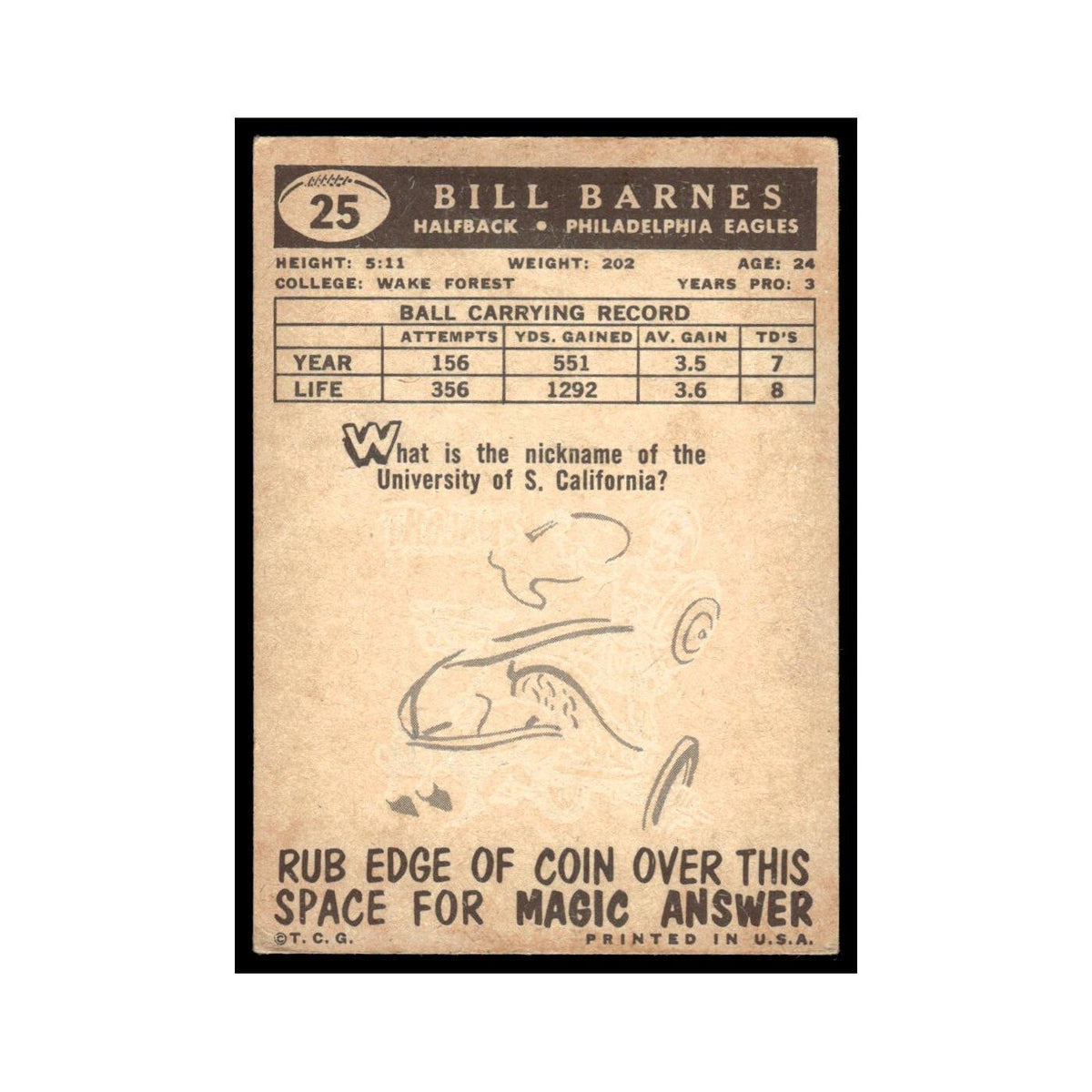 Bill Barnes 1959 Topps (Damaged) #25 Philadelphia Eagles Football Card Poor