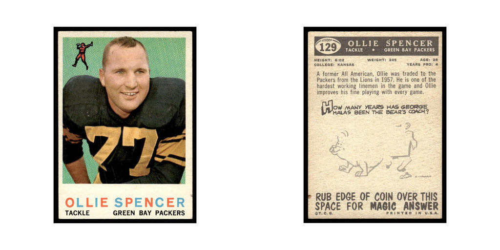 Ollie Spencer Rookie 1959 Topps #129 Green Bay Packers Football Card EX