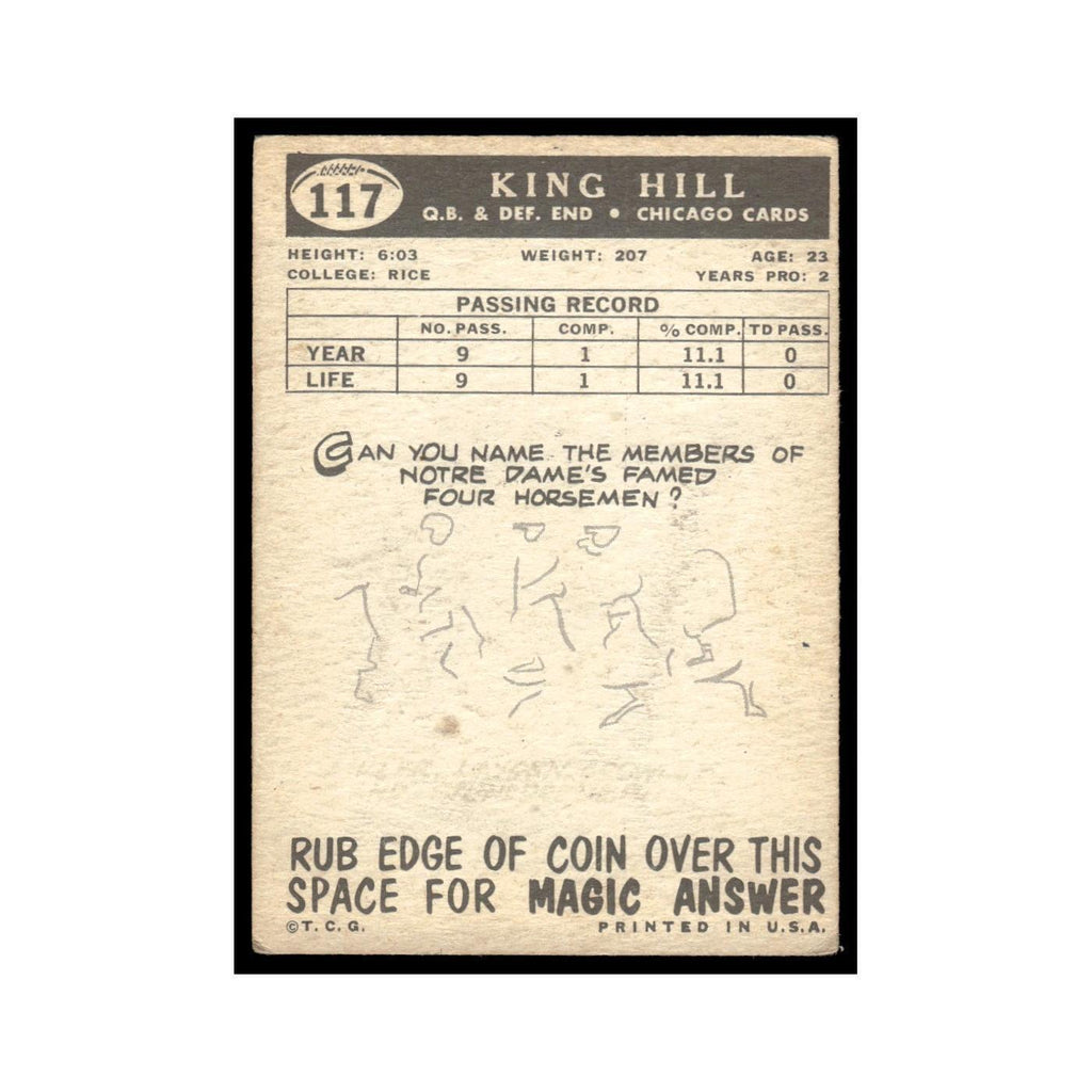 King Hill Rookie 1959 Topps #117 Chicago Cardinals Football Card EX