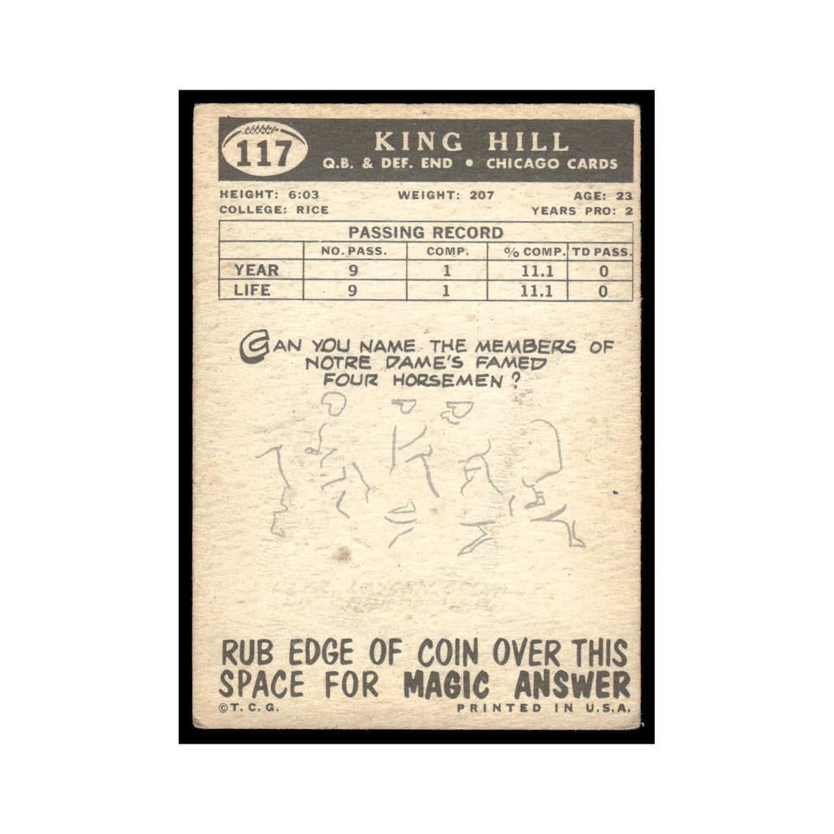 King Hill Rookie 1959 Topps #117 Chicago Cardinals Football Card EX